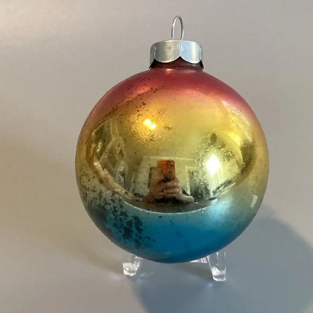Vintage Christmas Ombre Glass Ornament Made In USA 6.25” Round Ball Holiday